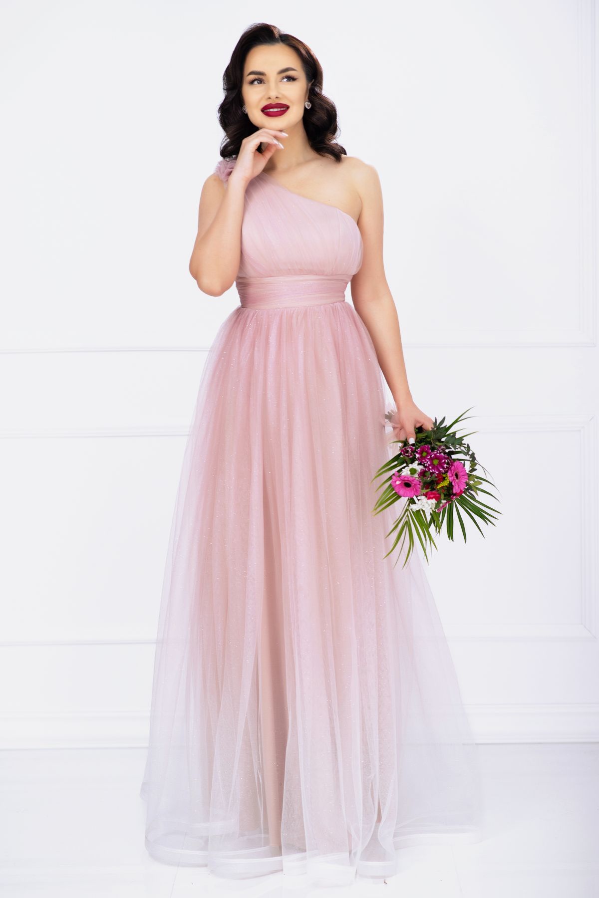 Reducere 20% - Rochie de seara Kendra lunga rose in degrade eleganta din tulle cu floare 3D 1 Rochie de seara Kendra lunga rose in degrade eleganta din tulle cu floare 3D