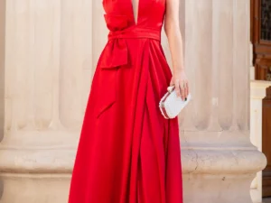 Rochie de seara rosie din tafta cu funda stilizata