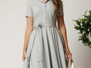 Rochie DY Fashion midi gri din stofa subtire cu cordon si buzunare