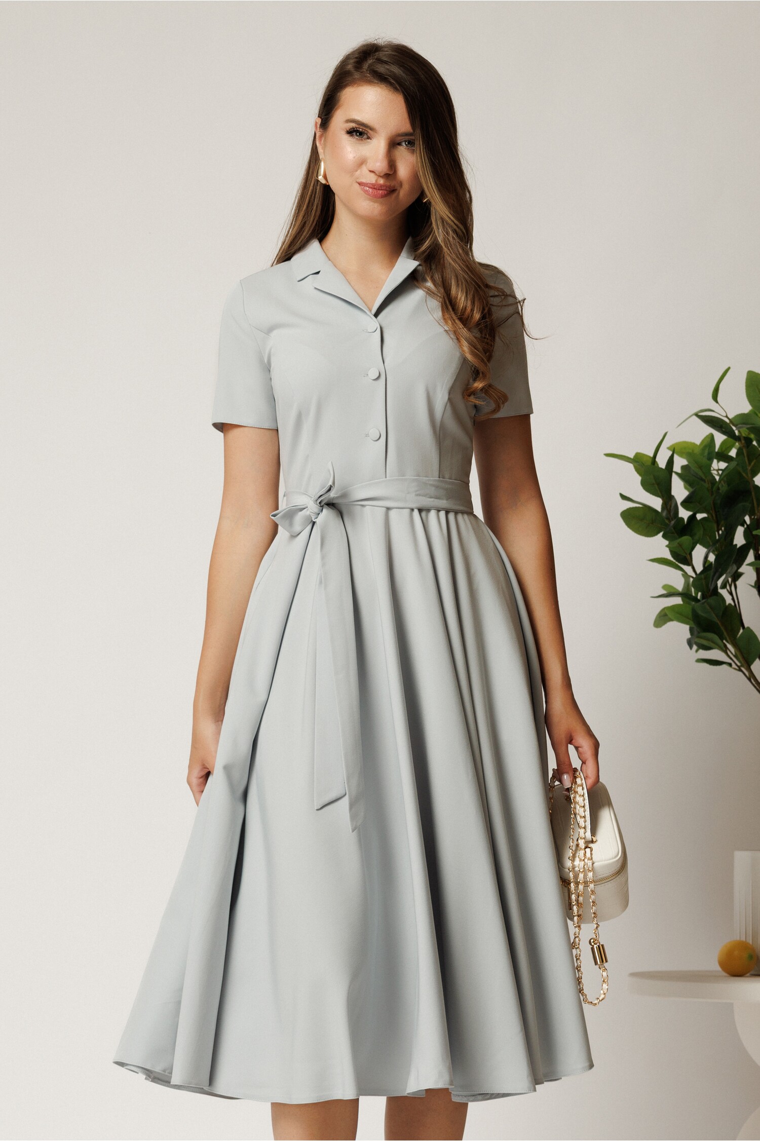 Reducere 60% - Rochie DY Fashion midi gri din stofa subtire cu cordon si buzunare 1 Rochie DY Fashion midi gri din stofa subtire cu cordon si buzunare