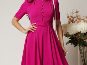 Rochie DY Fashion midi magenta in clos din triplu voal cu nasturi la bust si curea in talie