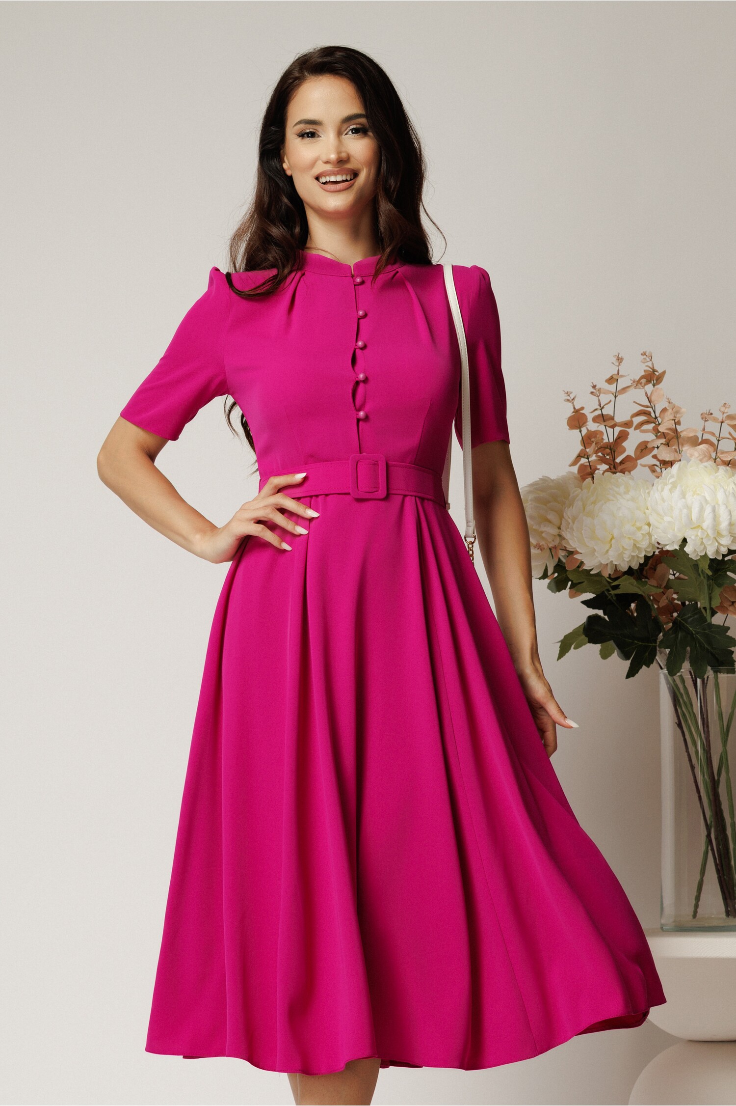 Reducere 60% - Rochie DY Fashion midi magenta in clos din triplu voal cu nasturi la bust si curea in talie 1 Rochie DY Fashion midi magenta in clos din triplu voal cu nasturi la bust si curea in talie