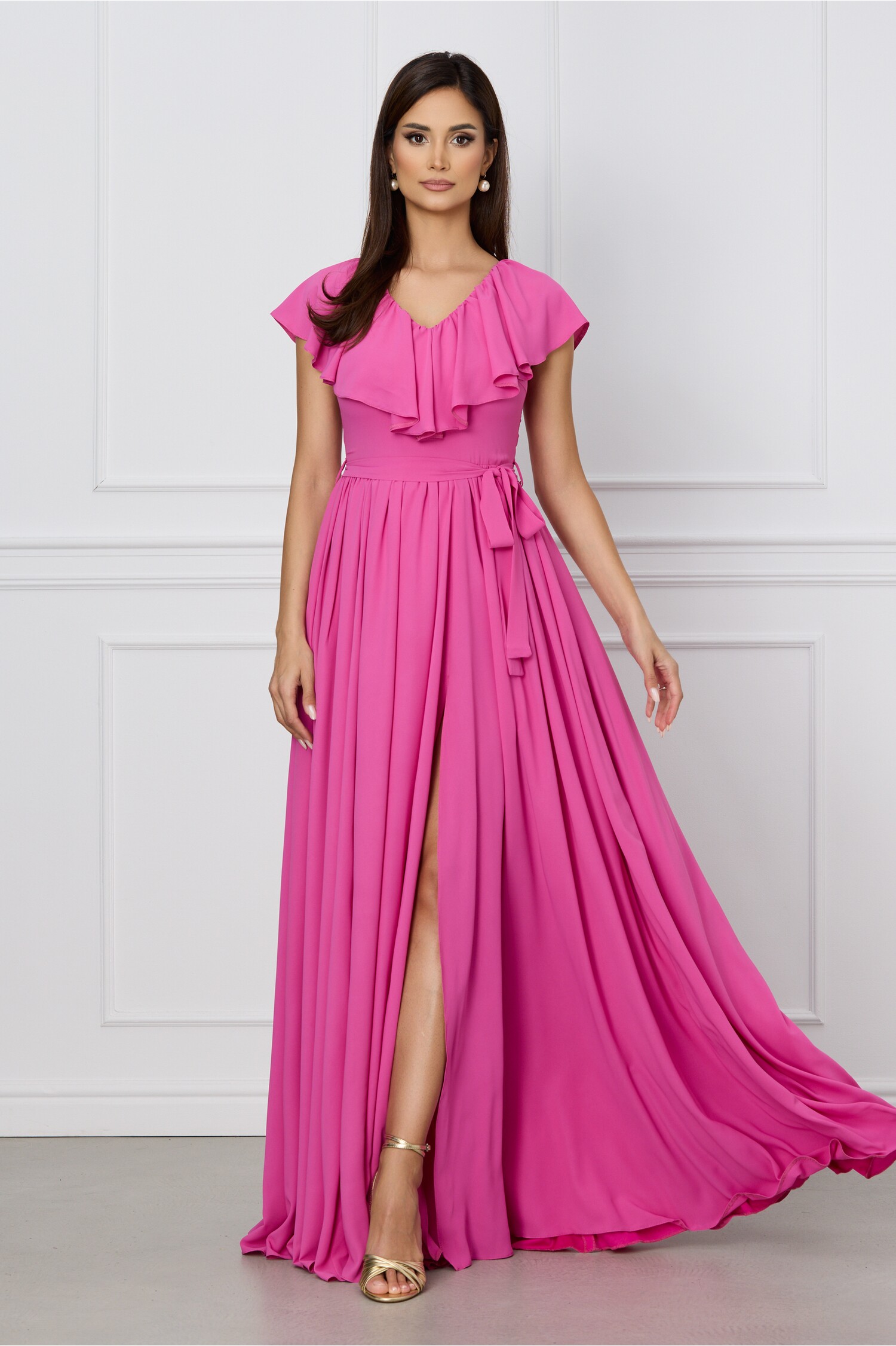 Reducere 64% - Rochie Dy Fashion roz lunga cu volan la bust si cordon in talie 1 Rochie Dy Fashion roz lunga cu volan la bust si cordon in talie