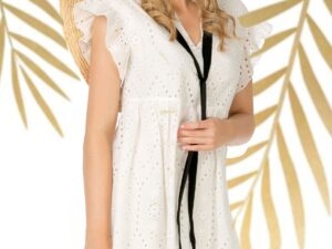 Rochie Pretty Girl ecru de vara gofrata cu volanase la umeri