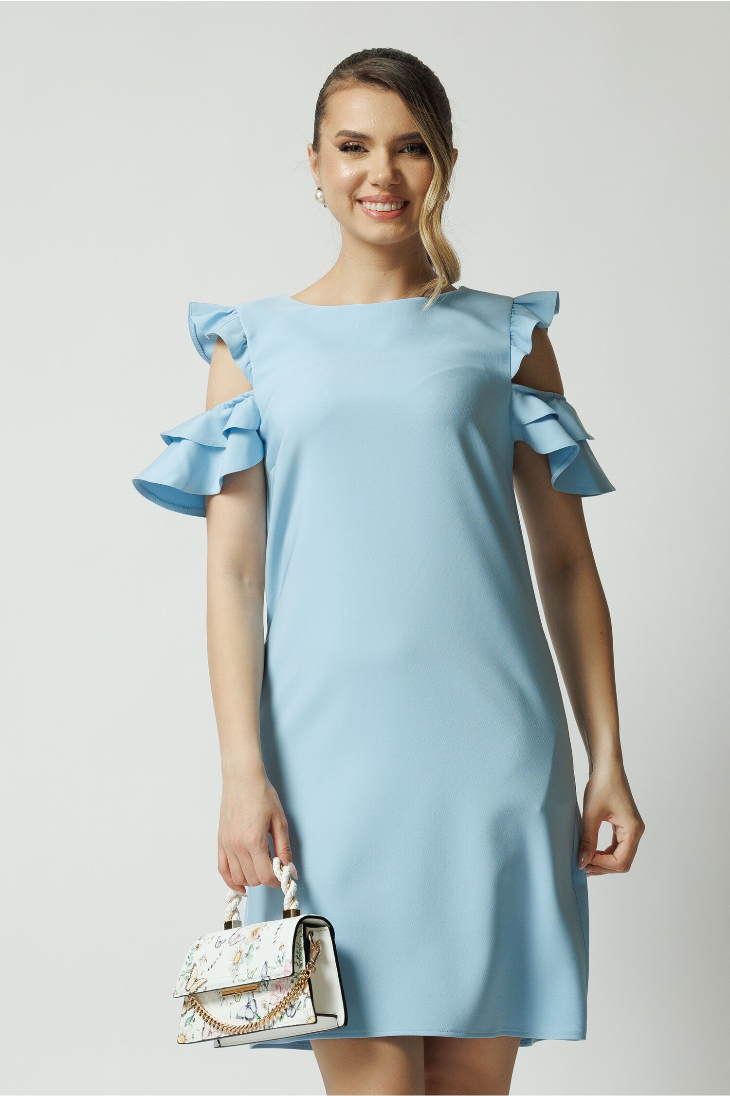 Reducere 60% - Rochie LaDonna office din stofa bleu cu volane la maneci 1 Rochie LaDonna office din stofa bleu cu volane la maneci