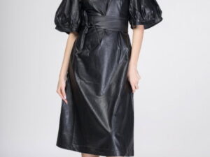 Rochie lunga cambrata din piele ecologica cu maneci bufante