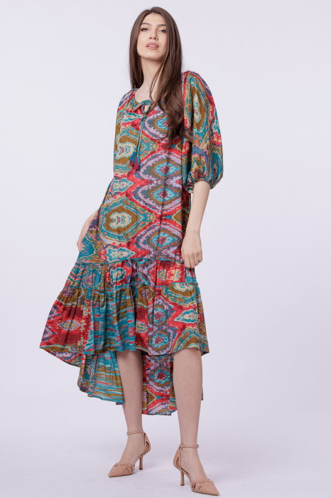 Reducere 32% - Rochie asimetrica din matase indiana, cu maneci bufante si elemente aurii 1 Rochie asimetrica din matase indiana