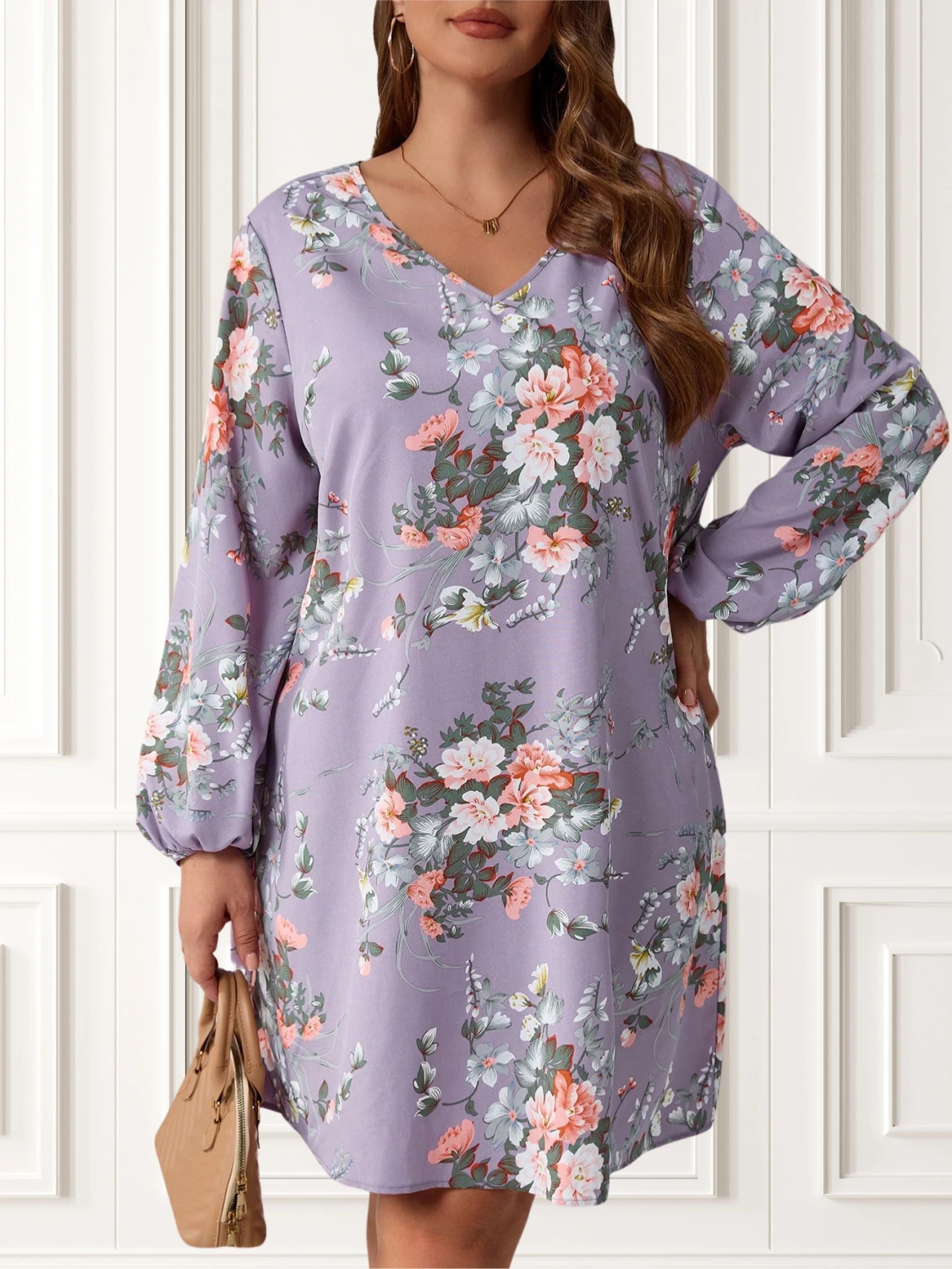 Reducere 69% - Rochie marime mare mov cu imprim... 2 Reducere 69% - Rochie marime mare mov cu imprim... - imagine 2