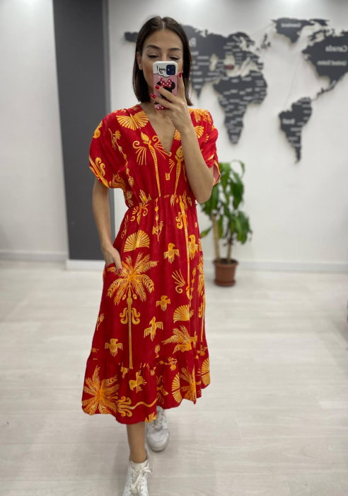 Reducere 38% - Rochie midi din bumbac, cu elastic in talie si imprimeu galben pe fond bordo 1 Rochie midi din bumbac