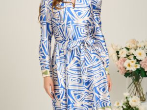 Rochie midi office bej de zi cu imprimeu albastru