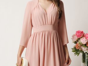 Rochie midi roz in clos din voal cu pliuri la bust