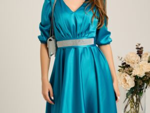 Rochie midi turcoaz din tafta in clos cu cordon in talie- Ella Collection Aria