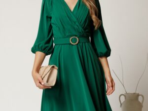 Rochie midi verde din triplu voal cu pliuri la bust si curea in talie