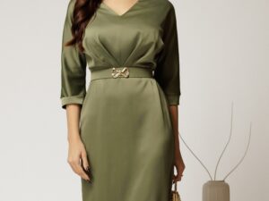 Rochie midi verde satinata cu decolteu in V