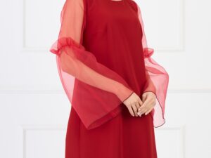 Rochie Moze eleganta din stofa rosie cu maneci clopot din organza