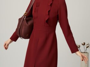 Rochie Moze office din stofa bordo cu volane pe bust