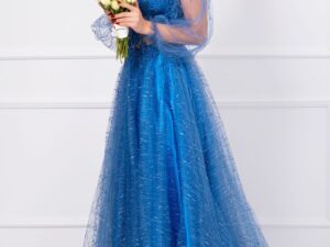 Rochie pretioasa Patrizia baby blue din tulle cu sclipici si margele