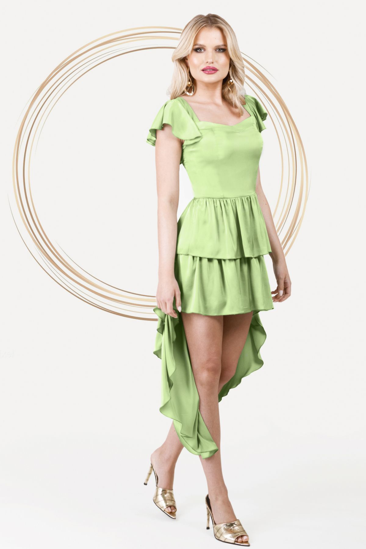 Reducere 30% - Rochie Pretty Girl asimetrica verde de vara cu volane 1 Rochie Pretty Girl asimetrica verde de vara cu volane