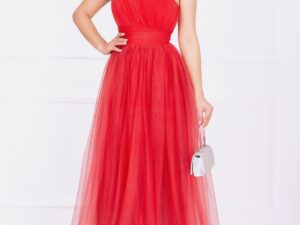 Rochie rosie de nasa Kendra lunga in degrade eleganta din tulle cu floare 3D