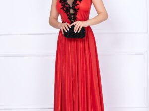 Rochie rosie eleganta Ginette lunga peliculizata cu broderie aplicata