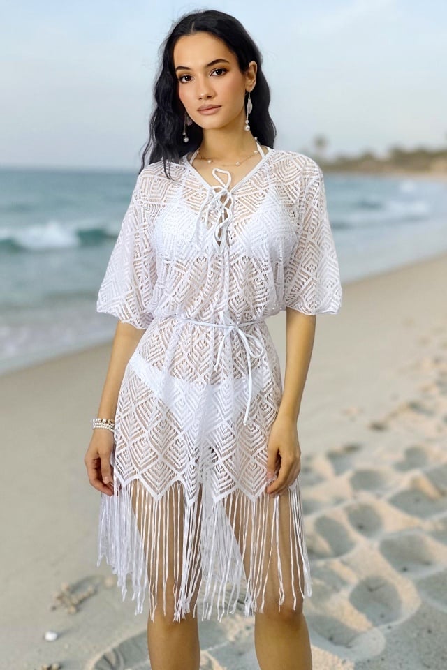 Reducere 51% - Rochie scurta de plaja Moya Sea, cu franjuri boho si efect brodat, Alb 1 Rochie scurta de plaja Moya Sea