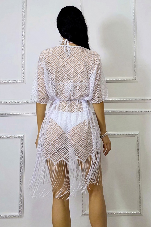 Reducere 51% - Rochie scurta de plaja Moya Sea, cu franjuri boho si efect brodat, Alb 2 cu franjuri boho si efect brodat