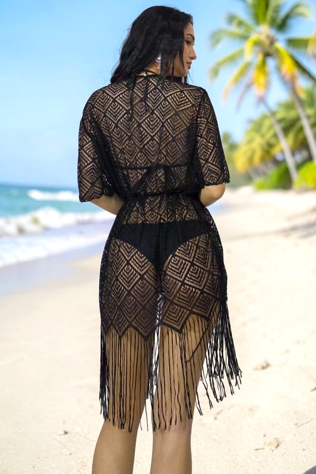 Reducere 51% - Rochie scurta de plaja Moya Sea, cu franjuri boho si efect brodat, Negru 2 cu franjuri boho si efect brodat