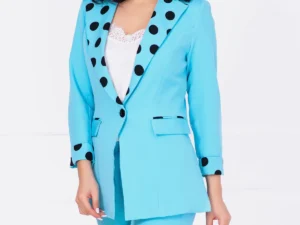 Sacou office baby blue cu mansete si rever cu buline