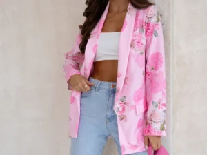 Sacou roz cu imprimeu floral si ...