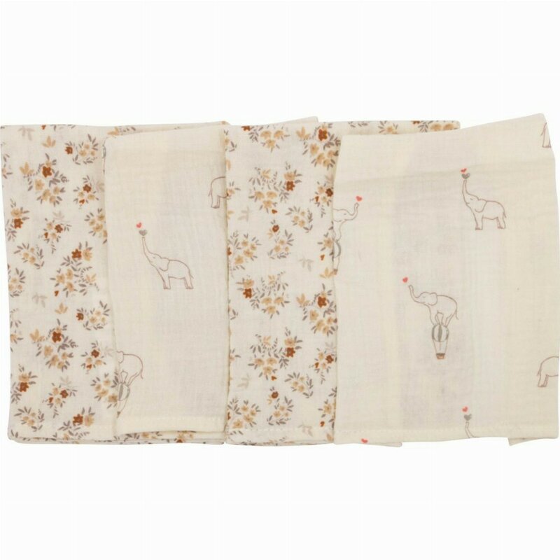Reducere 48% - Set 4 lavete, Bubaba, Din muselina, Dimensiune 40x40 cm, Pentru spalarea si ingrijirea fetei si a corpului bebelusului dupa masa sau baita, Beige Elephant 1 Set 4 lavete