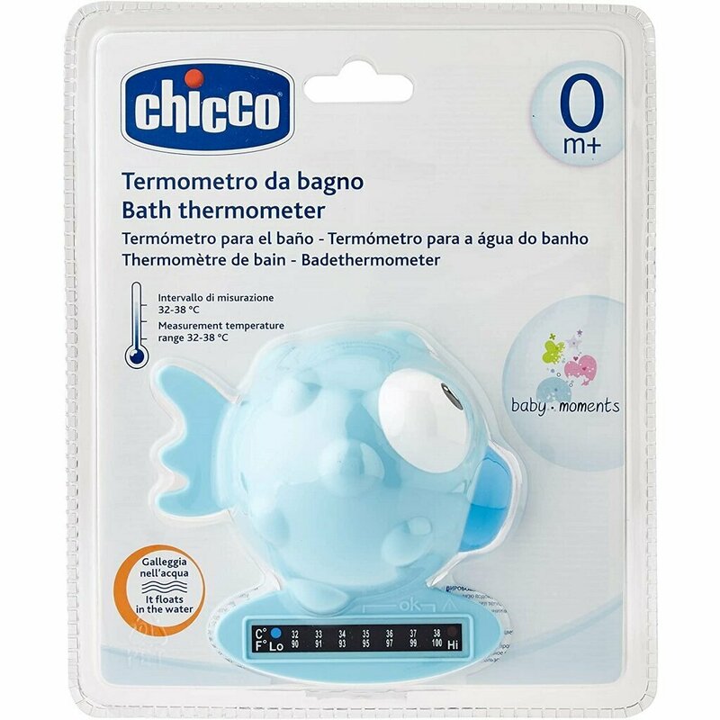 Reducere 46% - Termometru de baie pestisor, Chicco, Cu banda termosensibila, Plutitor, Interval masurare 32-40 grade Celsius, Utilizabil si ca jucarie de baie, 0 luni+, Albastru 1 Termometru de baie pestisor