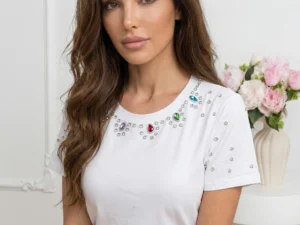 Tricou alb din bumbac cu aplicat...