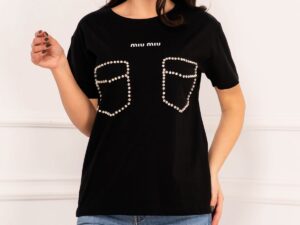 Tricou casual negru cu buzunare decorative din strass