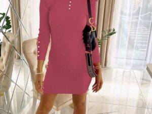 Rochie casual conica din tricot de culoare roz