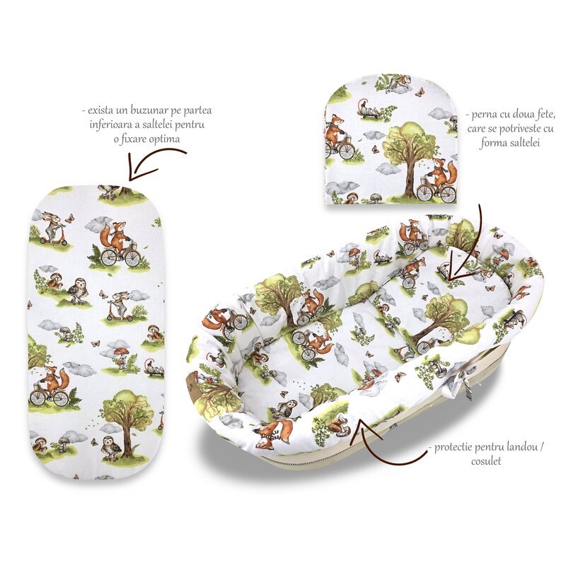 Reducere 53% - Set pentru landoucosulet Qmini Fox on bikes Natural, cu protectie, saltea si pernuta, din bumbac 1 Set pentru landoucosulet Qmini Fox on bikes Natural