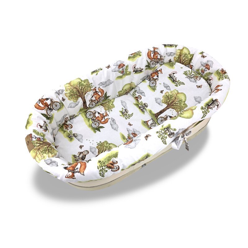 Reducere 53% - Set pentru landoucosulet Qmini Fox on bikes Natural, cu protectie, saltea si pernuta, din bumbac 2 cu protectie