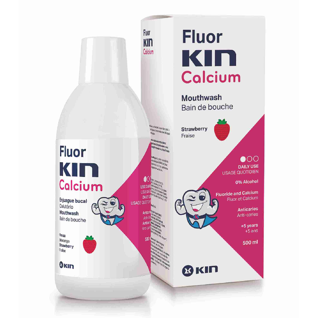 Reducere 10% - Apa de gura pentru copii cu aroma de capsuni, Fluor Kin Calcium, 500 ml, Kin 1 Apa de gura pentru copii cu aroma de capsuni
