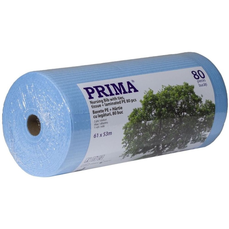 Reducere 14% - Bavete Stomatologice de Unica Folosinta, Impermeabile, Albastre, cu Legaturi, 61 x 53cm, 80 Bucati/Rola, Prima 1 Bavete Stomatologice de Unica Folosinta