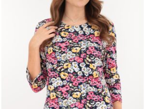 Bluza albastra din vascoza cu imprimeu floral galben-corai