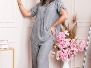 Pantaloni palazzo Athena cu talie elastica si insertii argintii - Gri