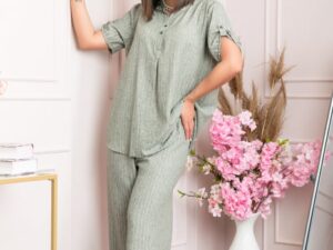 Pantaloni palazzo Athena cu talie elastica si insertii argintii - Kaki