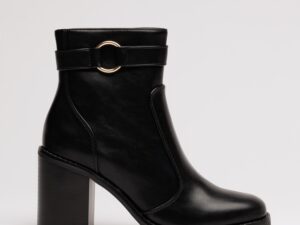 Botine negre din piele ecologica de dama cu toc patrat si catarama