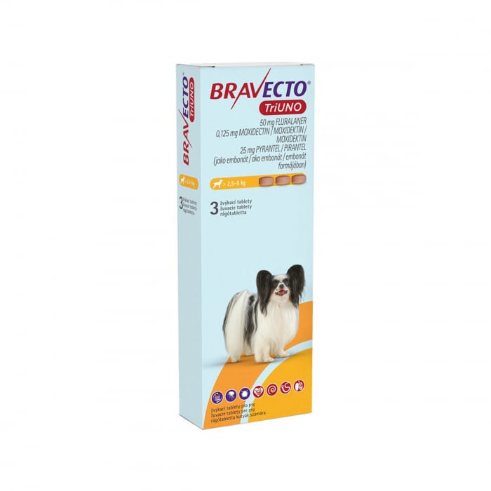 Reducere 51% - BRAVECTO TRIUNO antiparazitar intern si extern pentru caini 50mg (2.5-5 kg) - 3 tablete masticabile 1 BRAVECTO TRIUNO antiparazitar intern si extern pentru caini 50mg (2.5-5 kg) - 3 tablete masticabile