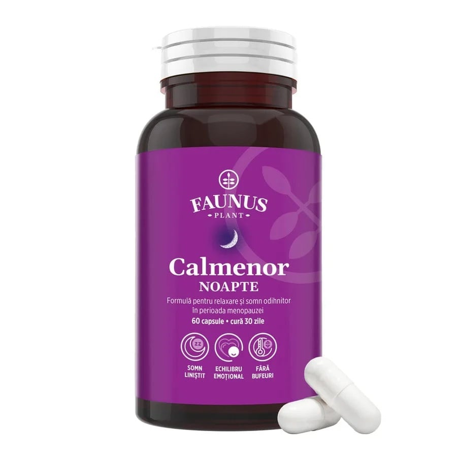 Reducere 36% - Calmenor Noapte – Formulă naturală cu plante, vitamine și melatonină pentru somn odihnitor și confort în menopauză. Flacon 60 capsule 1 Calmenor Noapte – Formulă naturală cu plante