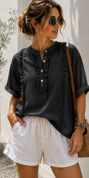 Reducere 35% - Camasa din bumbac cu volane decorative si nasturi, neagra 1 Camasa din bumbac cu volane decorative si nasturi