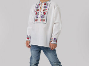 Camasa traditionala de baieti alba cu motiv floral multicolor Marc