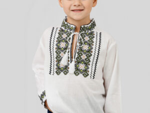 Camasa traditionala de baieti alba cu motiv geometric verde Luca 03