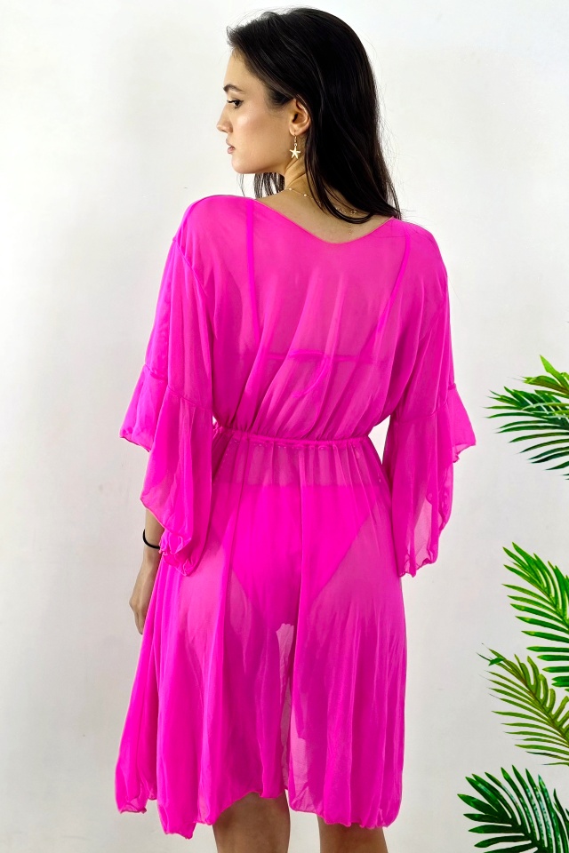 Reducere 21% - Cardigan scurt de plaja NaLLa, cu volane si snur in talie, Fucsia 2 cu volane si snur in talie