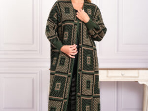 Cardigan tricotat kaki cu model geometric crem