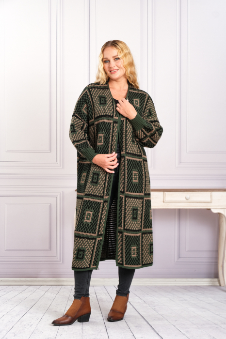 Reducere 30% - Cardigan tricotat kaki cu model geometric crem 1 Cardigan tricotat kaki cu model geometric crem